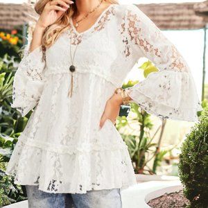NWT SUSAN BETRO 3X/4X Ivory Lace Babydoll Bell Sleeve Blouse